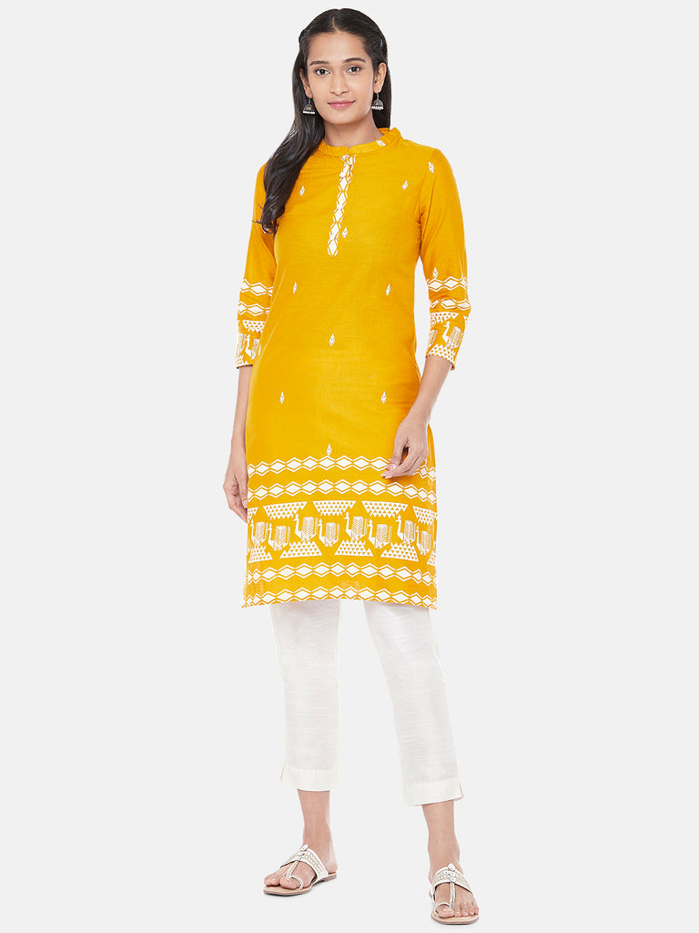Powerloom Three-Fourth Straight Women Mustard Kurta