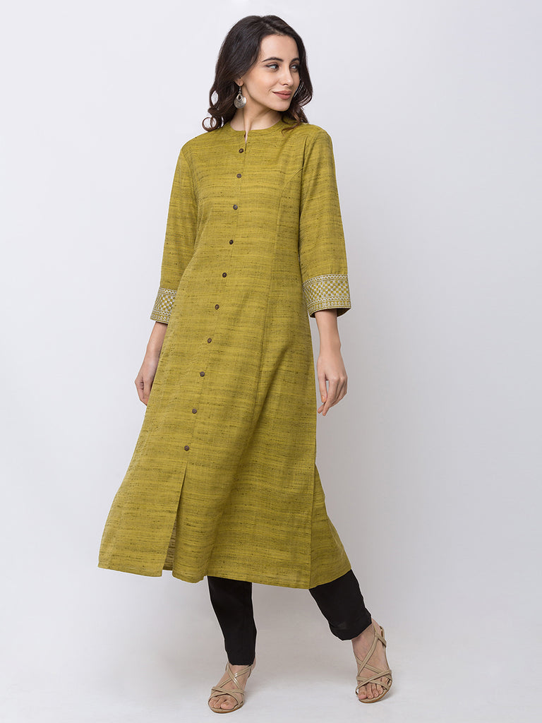 Women Straight Three-Fourth Green Kurta