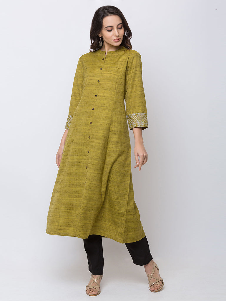 Women Straight Three-Fourth Green Kurta