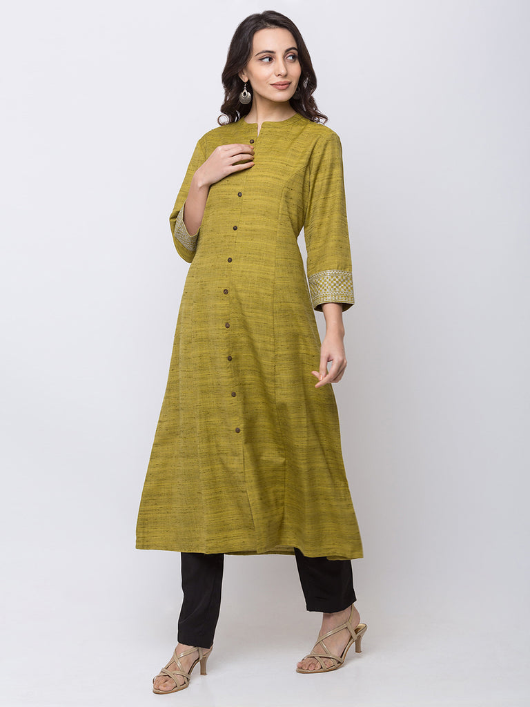 Women Straight Three-Fourth Green Kurta