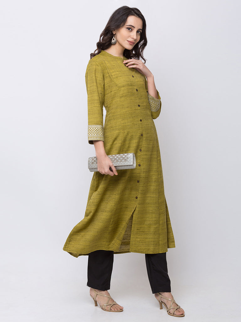Women Straight Three-Fourth Green Kurta