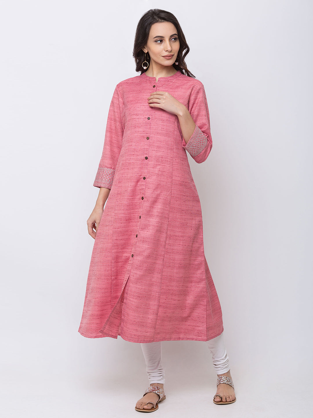 Women Straight Three-Fourth Pink Kurta