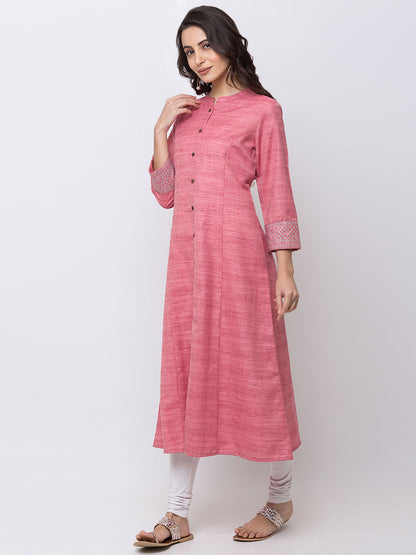 Women Straight Three-Fourth Pink Kurta
