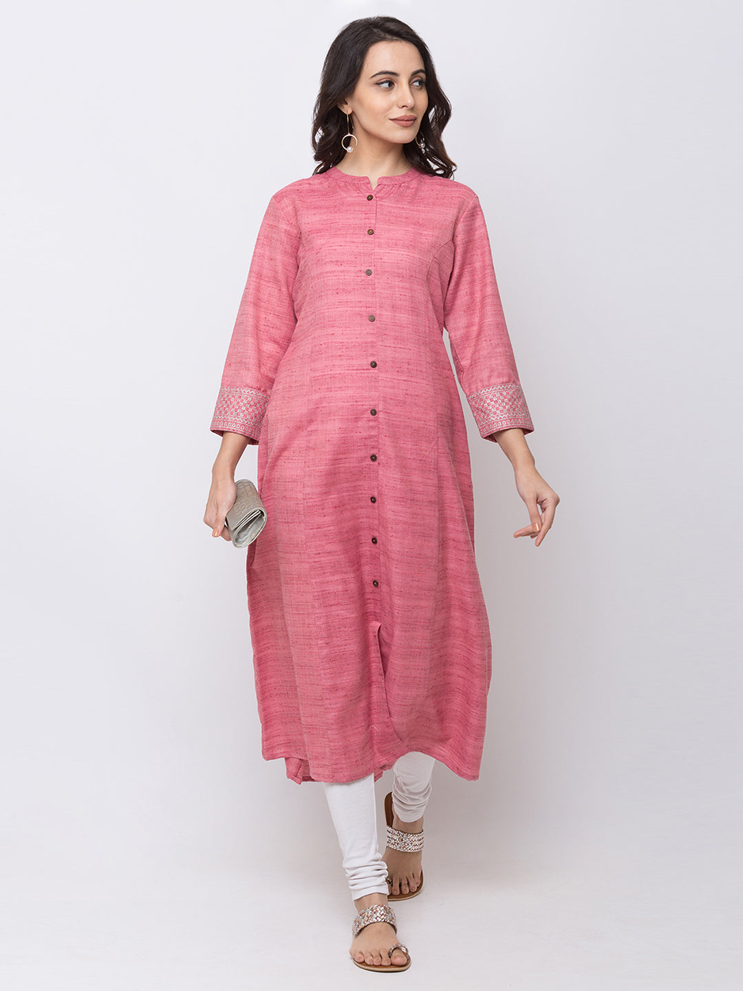 Women Straight Three-Fourth Pink Kurta