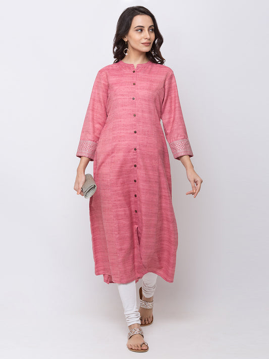 Women Straight Three-Fourth Pink Kurta
