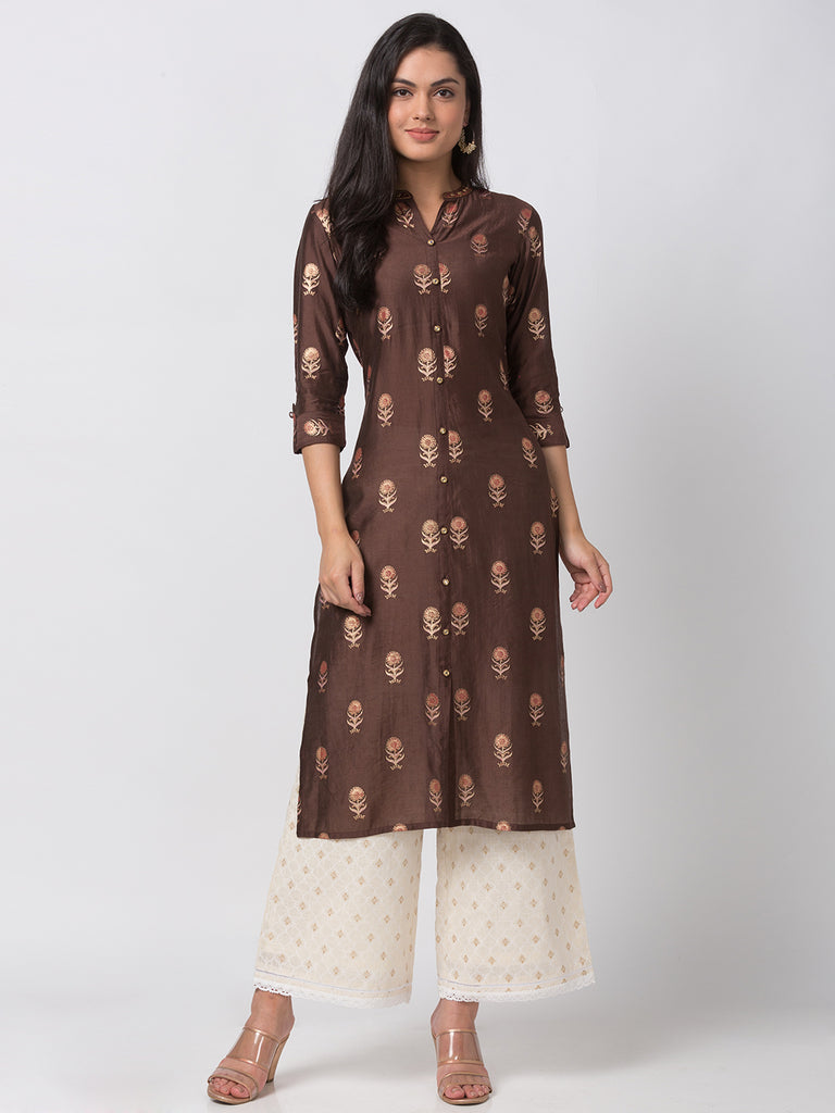 Women Straight Three-Fourth Brown Kurta