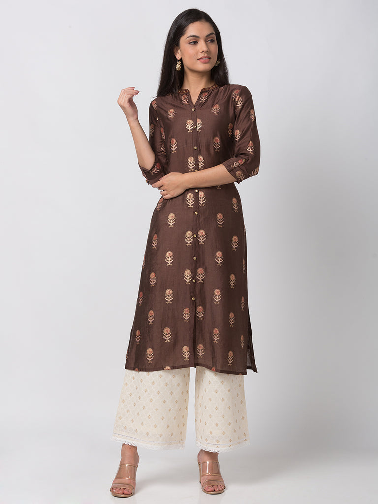 Women Straight Three-Fourth Brown Kurta
