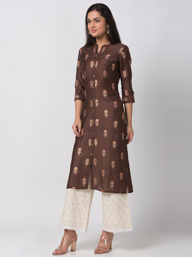 Women Straight Three-Fourth Brown Kurta