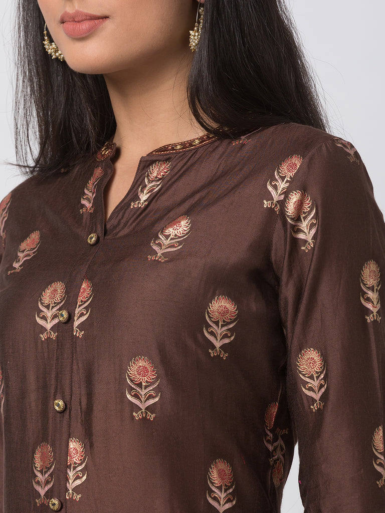 Women Straight Three-Fourth Brown Kurta
