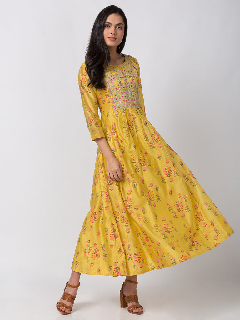 Women Kalidar Three-Fourth Yellow Kurta