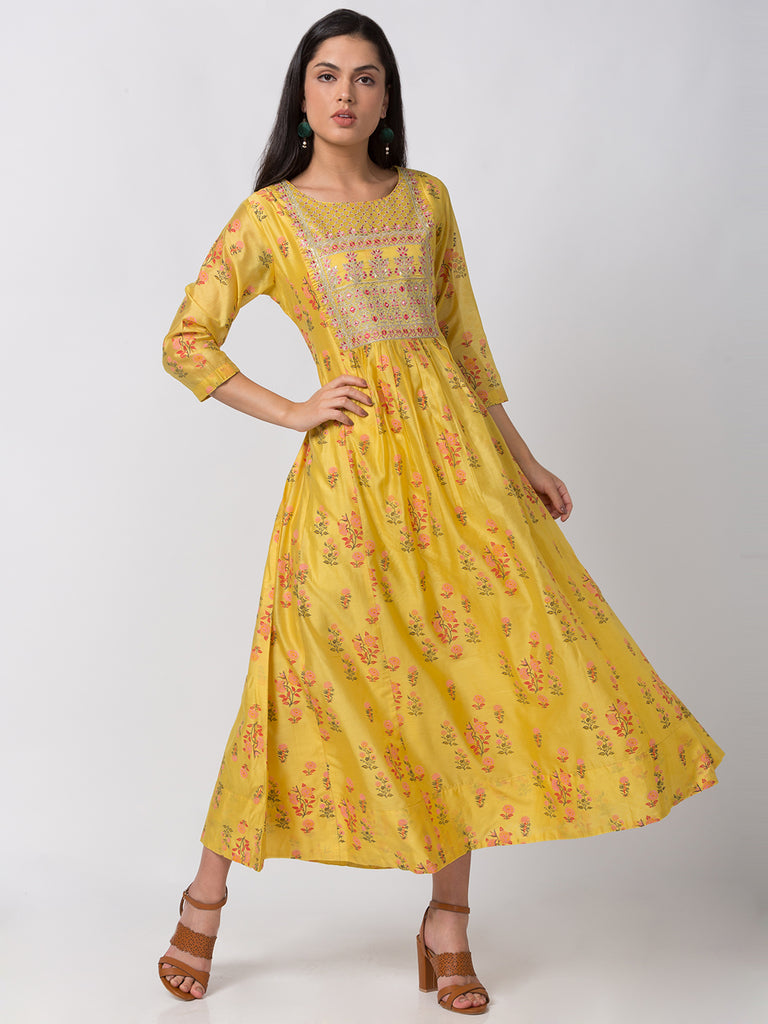 Women Kalidar Three-Fourth Yellow Kurta
