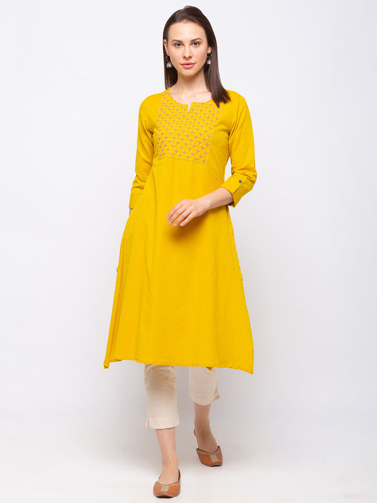 Women's Mustard Cotton  Kurta
