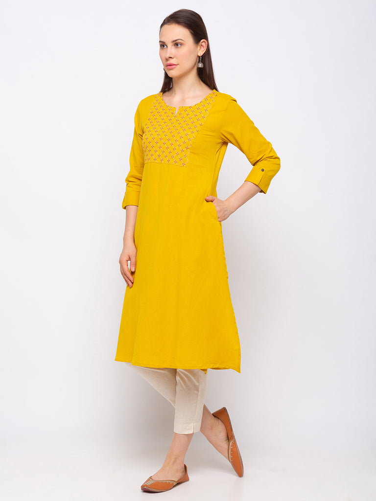 Women's Mustard Cotton  Kurta