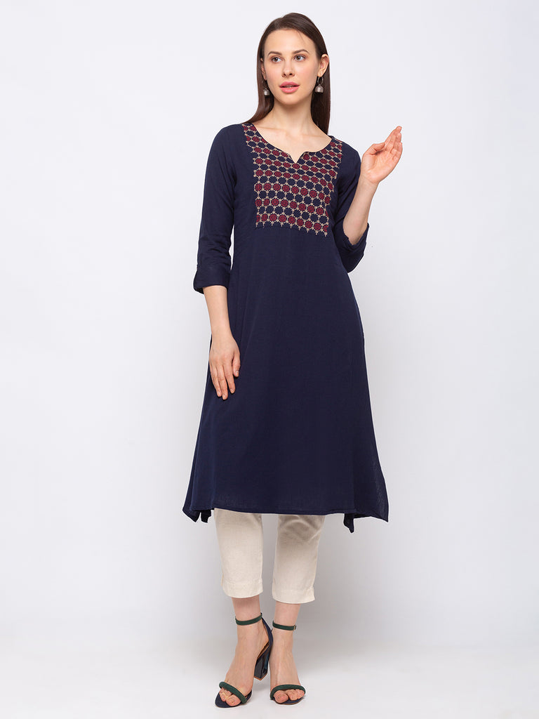 Women's Navy Cotton  Kurta