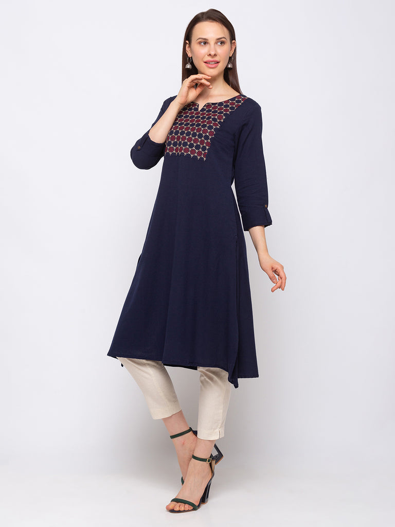 Women's Navy Cotton  Kurta