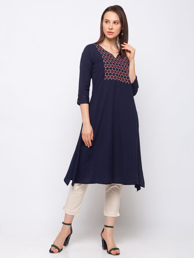 Women's Navy Cotton  Kurta