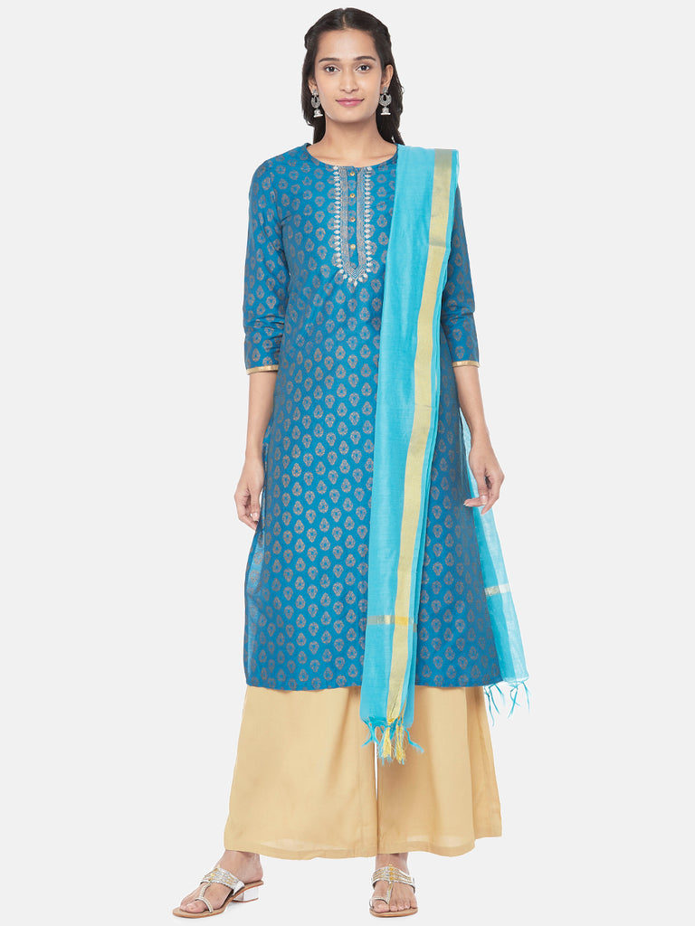 Chanderi Straight Women Teal Dupatta