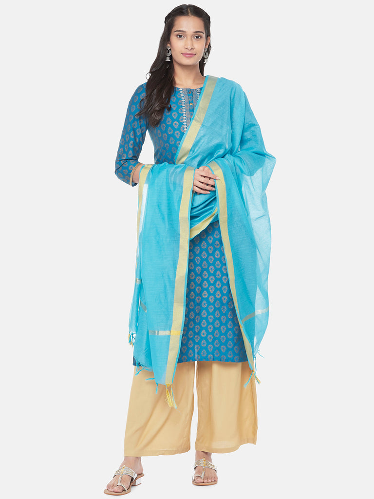 Chanderi Straight Women Teal Dupatta
