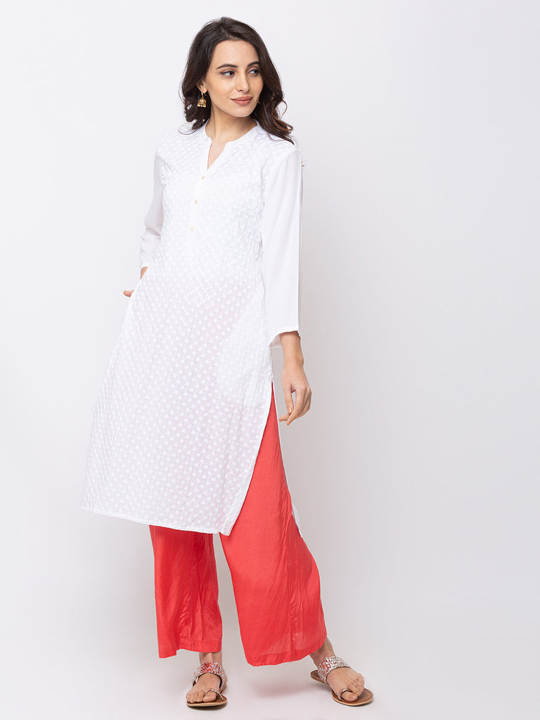 Women Straight Three-Fourth White Kurta