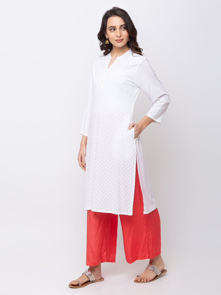 Women Straight Three-Fourth White Kurta