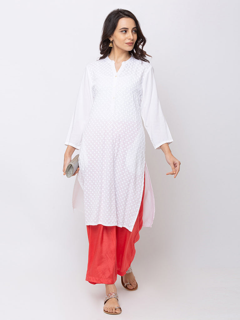 Women Straight Three-Fourth White Kurta