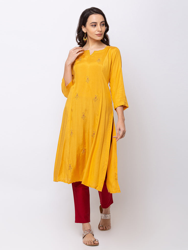 Women Straight Elbow Sleeve Mustard Kurta