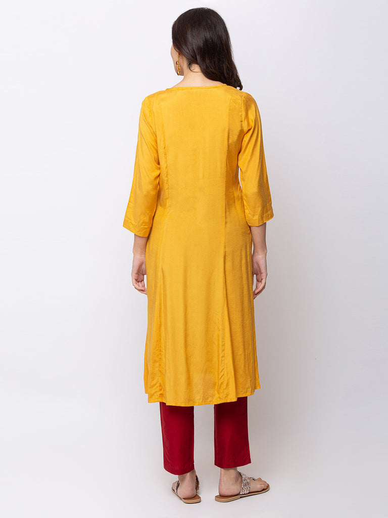 Women Straight Elbow Sleeve Mustard Kurta