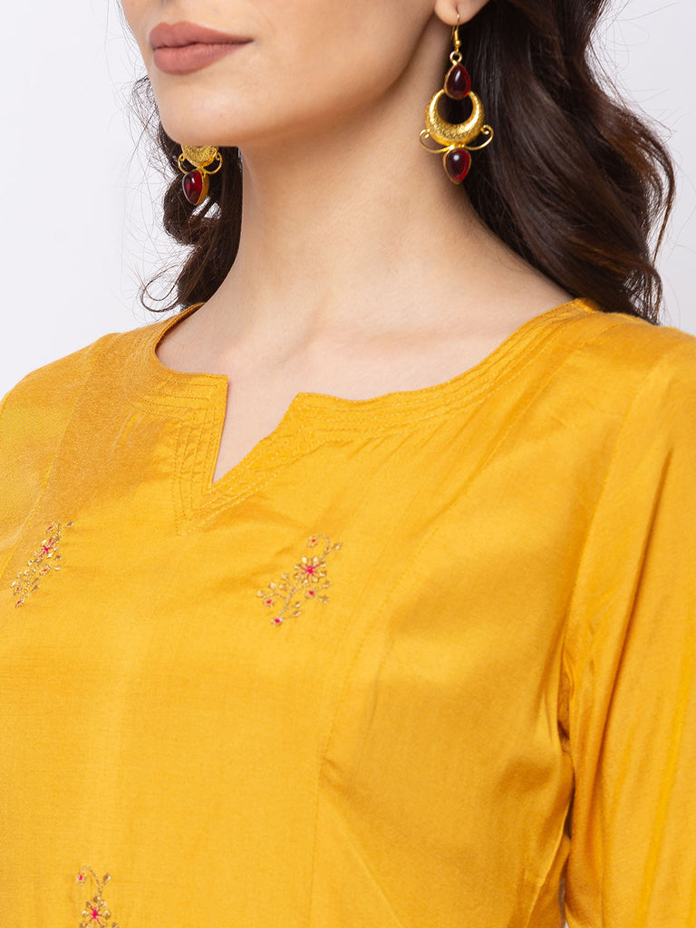Women Straight Elbow Sleeve Mustard Kurta