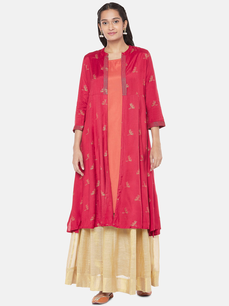 Polyester Elbow Sleeve Straight Women Maroon Kurta