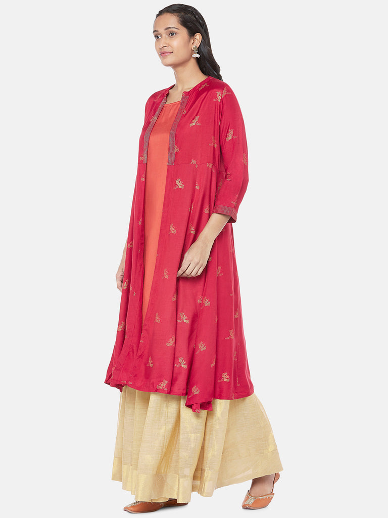 Polyester Elbow Sleeve Straight Women Maroon Kurta