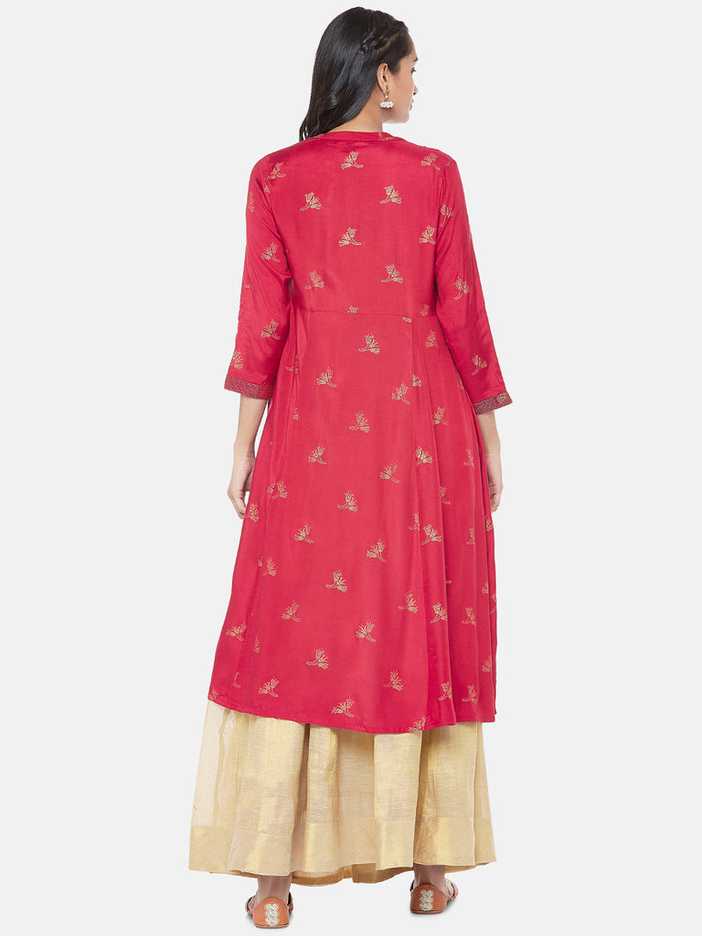 Polyester Elbow Sleeve Straight Women Maroon Kurta