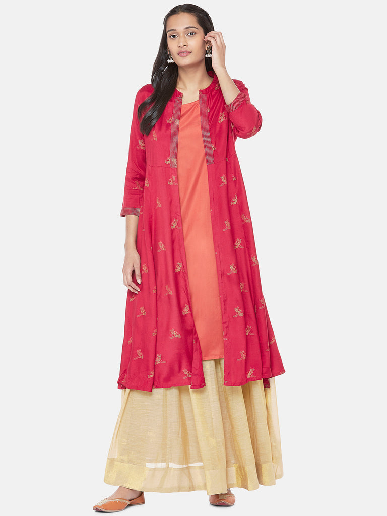 Polyester Elbow Sleeve Straight Women Maroon Kurta
