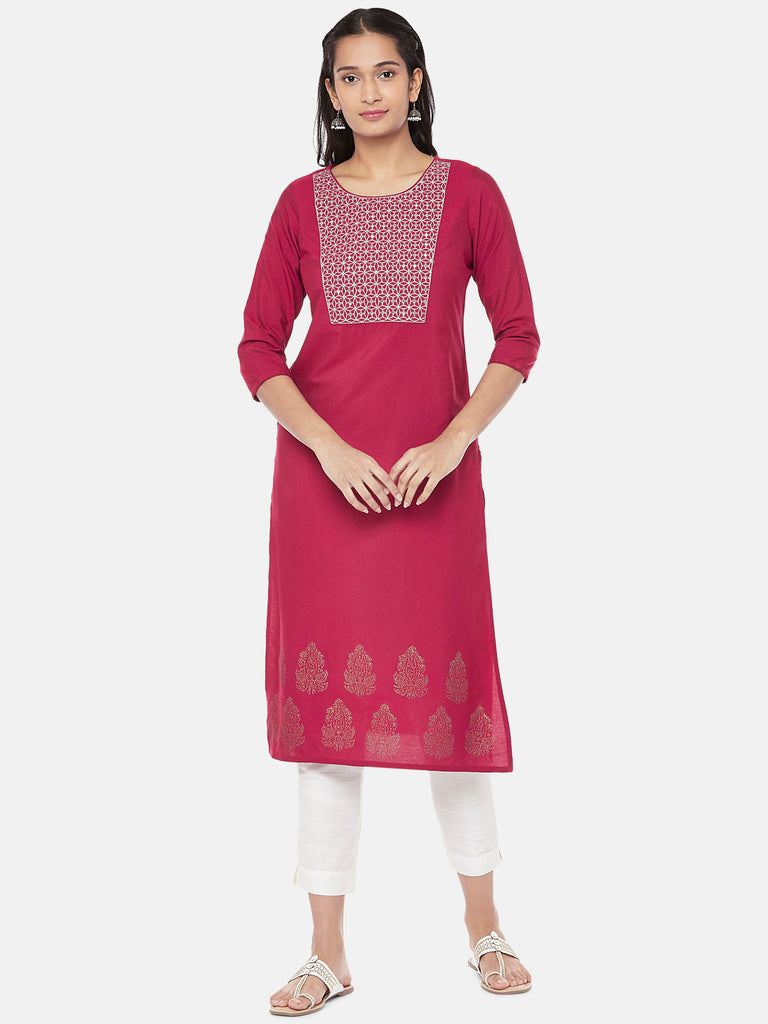 Cotton Three-Fourth Straight Women Wine Kurta