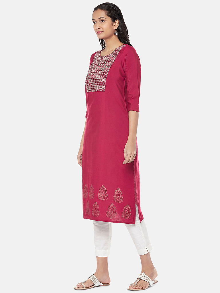 Cotton Three-Fourth Straight Women Wine Kurta