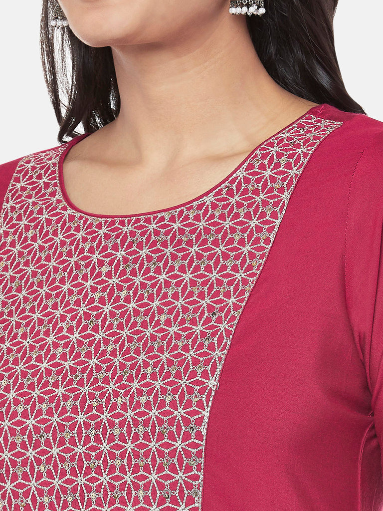 Cotton Three-Fourth Straight Women Wine Kurta