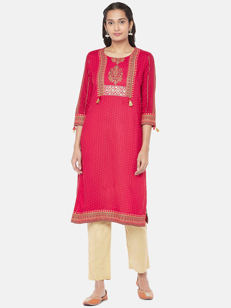 Liva Three-Fourth Straight Women Maroon Kurta