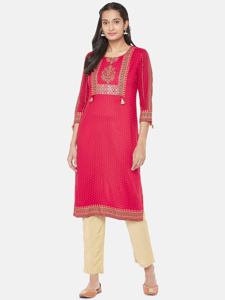 Liva Three-Fourth Straight Women Maroon Kurta