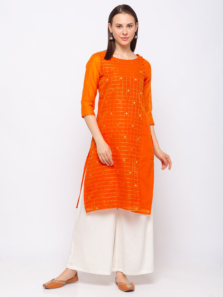 Chanderi Cotton Orange Women Kurta