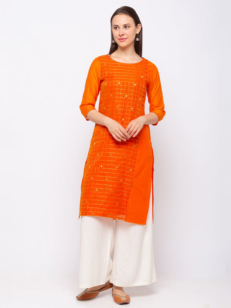 Chanderi Cotton Orange Women Kurta