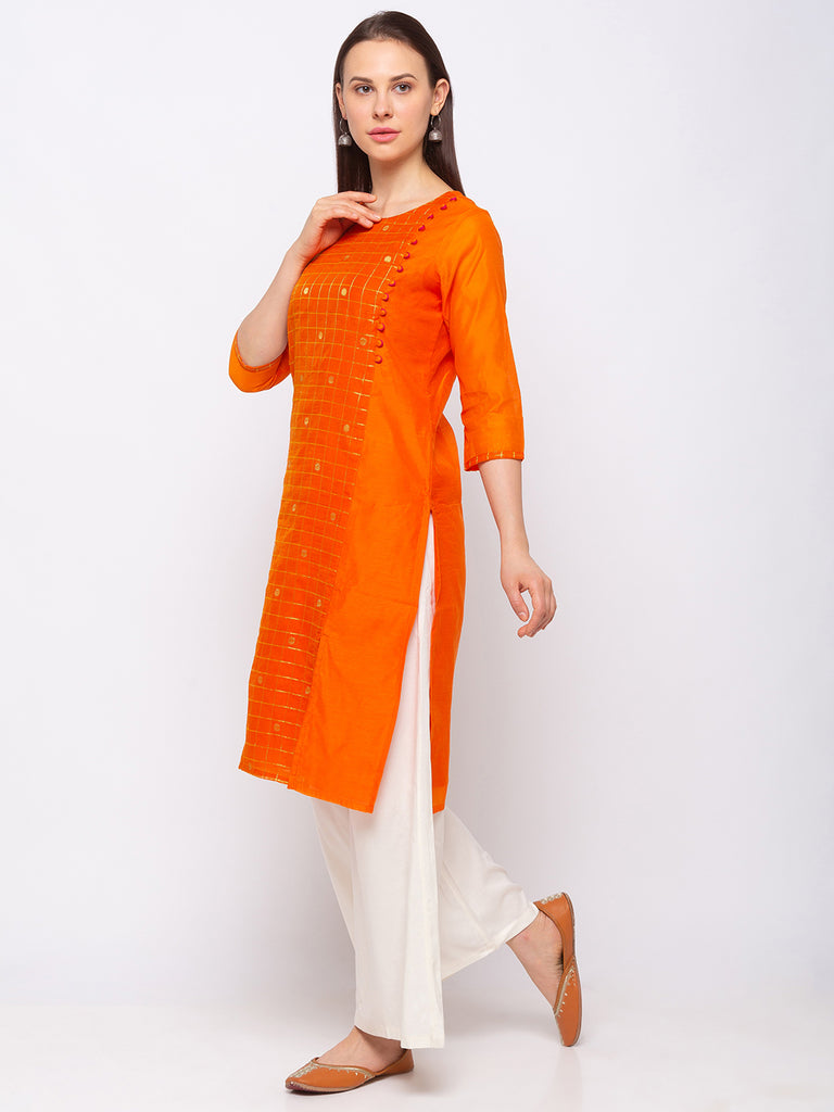 Chanderi Cotton Orange Women Kurta