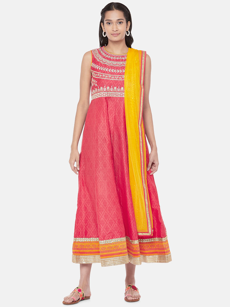 Art Silk Sleeveless Flared Women Coral Kd Set