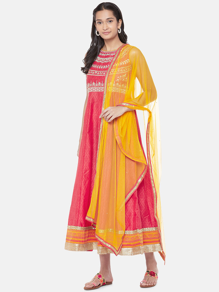 Art Silk Sleeveless Flared Women Coral Kd Set