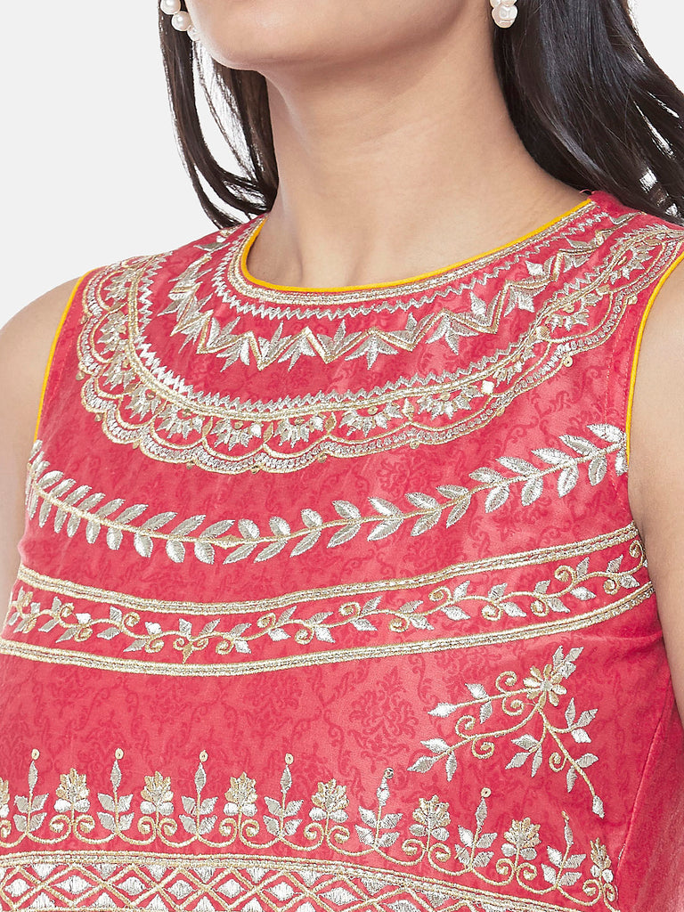 Art Silk Sleeveless Flared Women Coral Kd Set