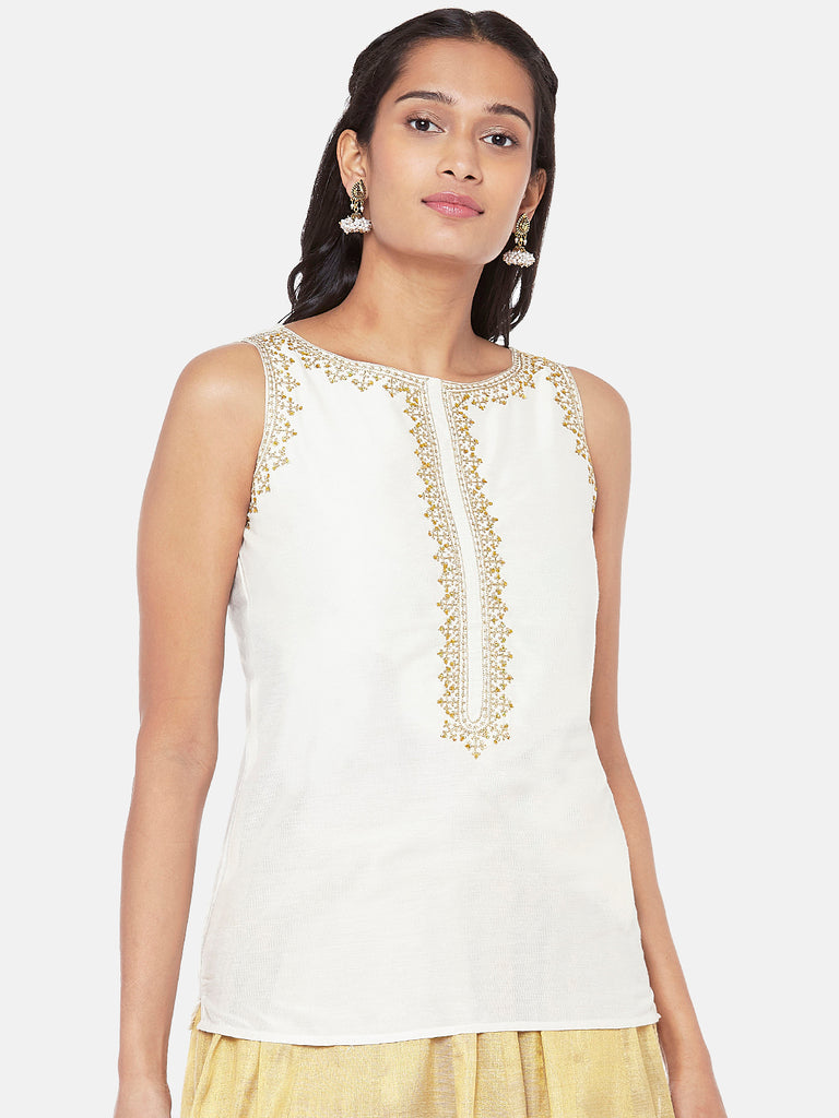 Silk Blend Sleeveless Straight Women Off White Crop Top