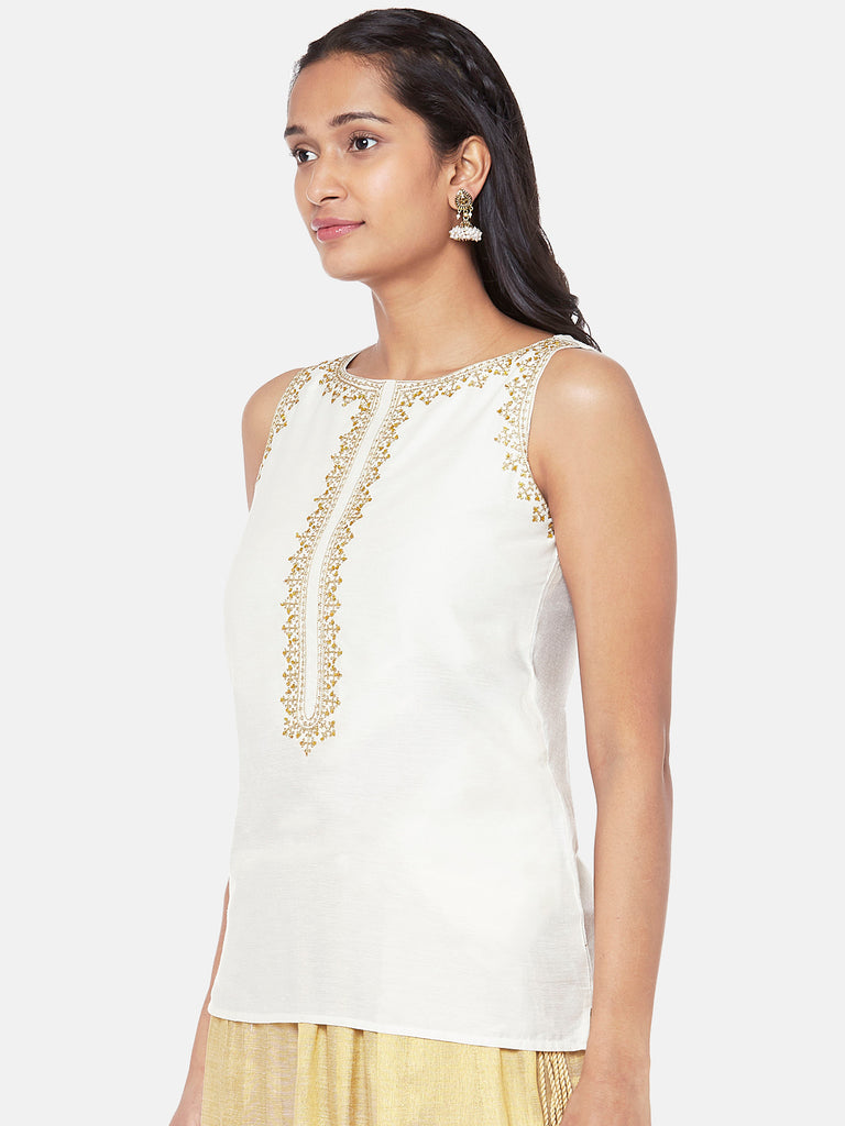 Silk Blend Sleeveless Straight Women Off White Crop Top