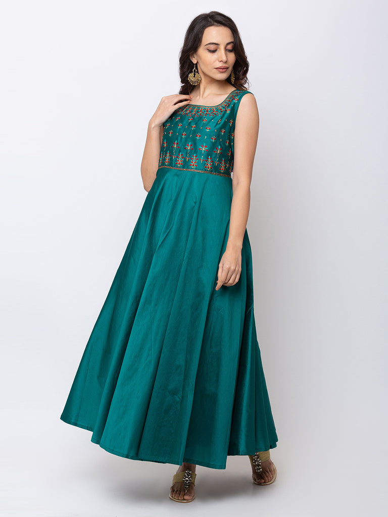 Women Maxi Sleeveless Green Gown