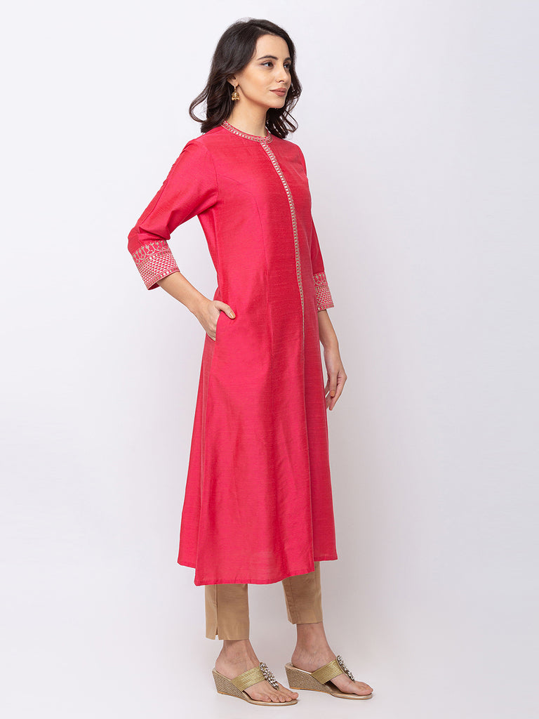 Women A Line Three-Fourth Pink Kurta