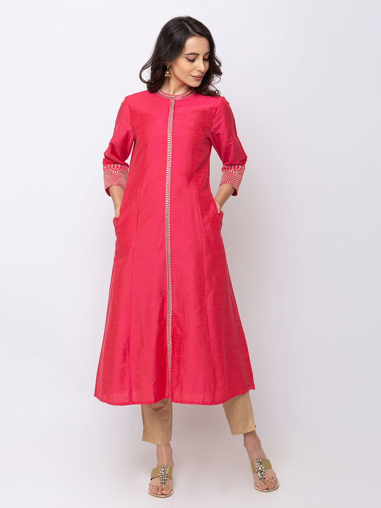Women A Line Three-Fourth Pink Kurta