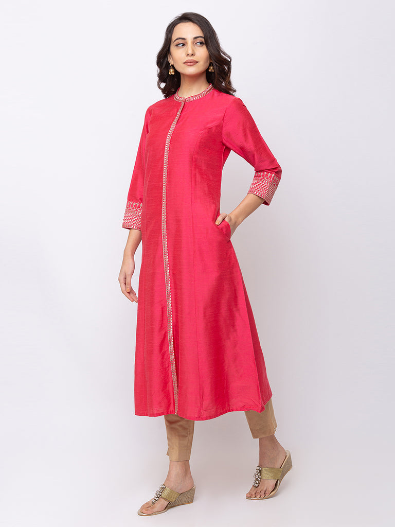 Women A Line Three-Fourth Pink Kurta