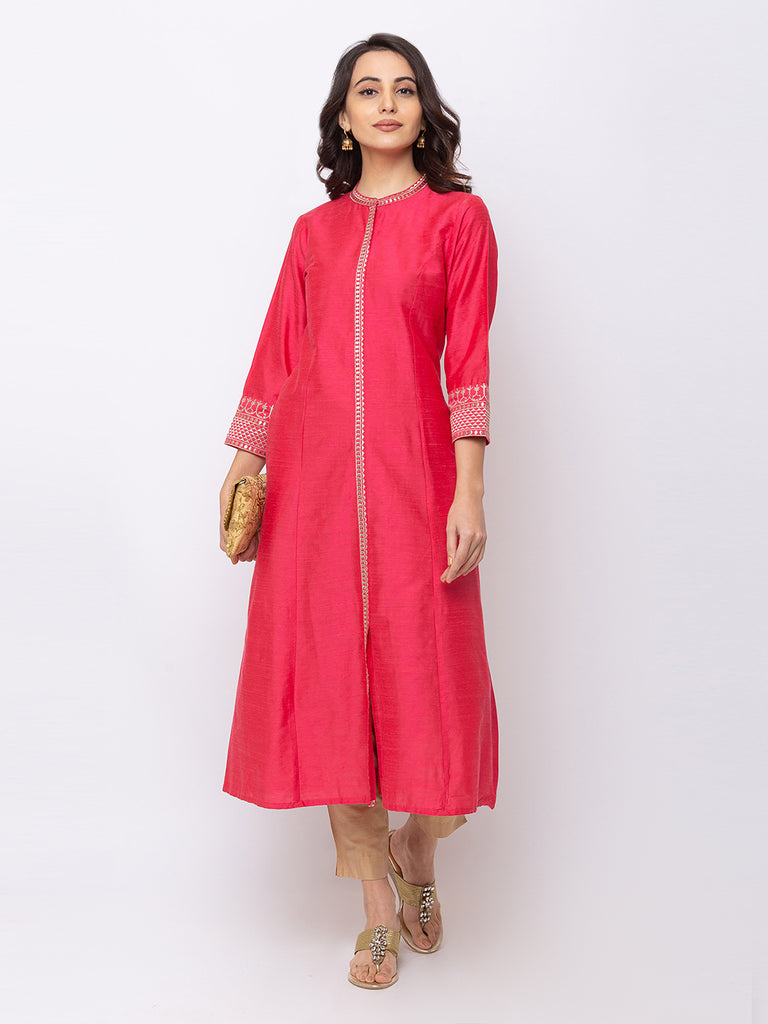 Women A Line Three-Fourth Pink Kurta